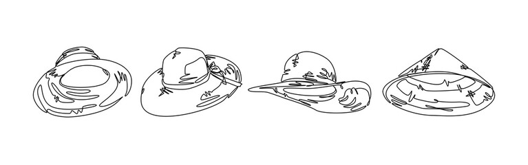Set collection of straw hat, sun hat, and farmer hat. Editable line. Vector illustration.