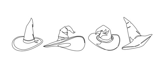 Set collection of witch hat, wizard hat. Editable line and colored. Vector illustration.