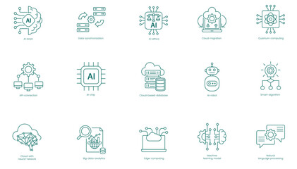 AI and Cloud Computing Solutions Vector Icons Set: Assistant, AI Brain, AI Chip, Driven Automation, Power Chatbot, AI Robot, Content Computing, API Connection, Artificial Neural Network vector icon