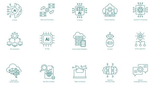 AI and Cloud Computing Solutions Vector Icons Set: Assistant, AI Brain, AI Chip, Driven Automation, Power Chatbot, AI Robot, Content Computing, API Connection, Artificial Neural Network vector icon