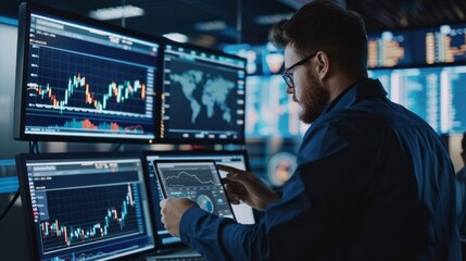 Financial analyst standing next to multi-monitor workstation, using laptop computer with real-time stock market data displayed on screens &ndash; professional workspace for financial analysis and trading