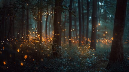 Obraz premium Enchanting Forest Illuminated by Mystical Glowing Lights at Dusk, Capturing the Magic of Nature with Ethereal Beams Shining Through Ancient Trees and Casting Soft Shadows on the Forest Floor, Perfect 
