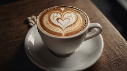 Close up white coffee cup with heart shape latte art, generative AI