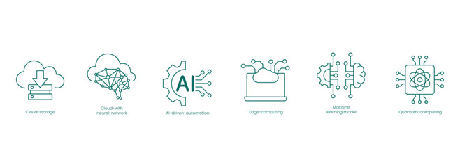 Cloud and AI Integration Vector Icons: Cloud Storage, Neural Network, AI-Driven Automation, Edge Computing, Machine Learning, Quantum Computing