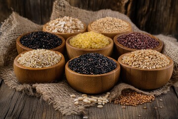 Assortment of Grains in Wooden Bowls on Rustic Background