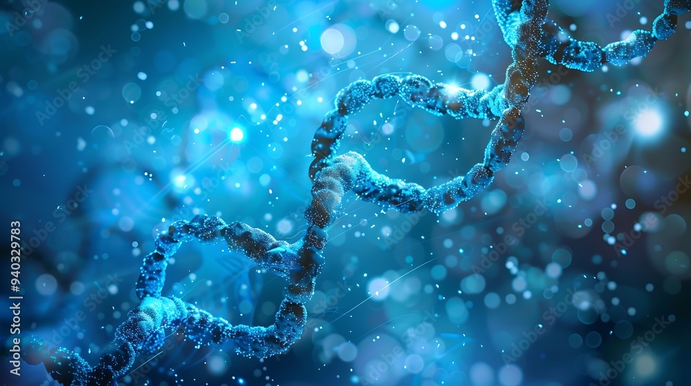 Poster 3d dna helix with a blue and sparkle background. this image is a visual representation of the comple