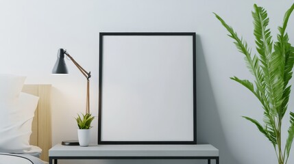 A stylish bedroom interior with a sleek modern bedside table, a minimalist lamp, and a blank photo frame ready for your design or photograph. The room's ambiance is serene and inviting, offering a per