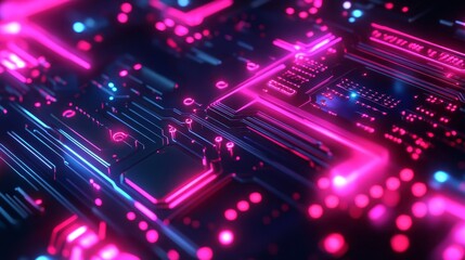 Obraz premium A vibrant abstract background featuring a glowing neon circuit board, symbolizing technology, innovation, connectivity, futuristic design, and digital networks.