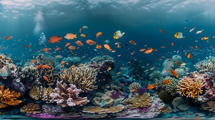 Vibrant underwater scene showcasing thriving coral reef ecosystem with diverse marine life for highlighting ocean biodiversity and natural aquatic beauty concept.