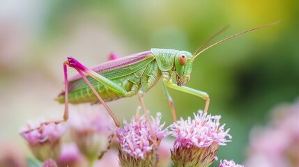 A vibrant green and pink katydid rests gracefully on a delicate pink flower, showcasing the beauty of nature's intricate details. This image symbolizes the delicate balance of life, the harmony betwee