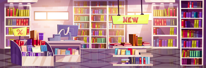 Bookstore interior with lots of paper hardcover books on shelves of racks and cabinets, counter desk with cash register and computer monitor, stands with new, sale literature and bestsellers.