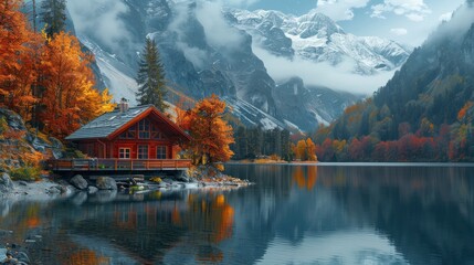 Obraz premium Cozy cabin by a serene lake surrounded by autumn foliage with snow-capped mountains in the background.