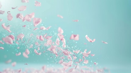 Pink flower petals are falling from the sky, creating a sense of movement