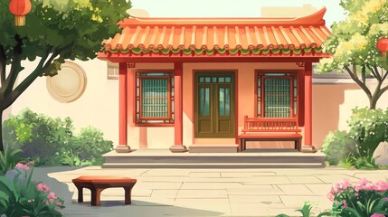Fototapeta premium A whimsical illustration depicting a traditional Chinese courtyard house with red accents, a charming wooden bench, and lush greenery. It symbolizes tranquility, heritage, and the beauty of Asian arch