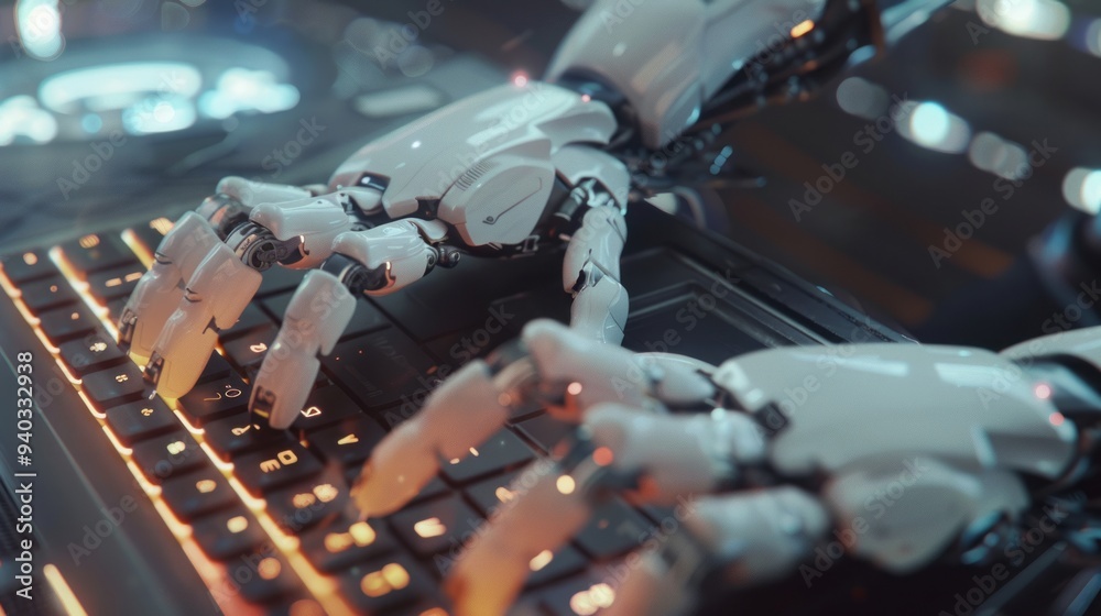 Poster futuristic ai robot hands typing on laptop keyboard in a high-tech workspace - concept of artificial