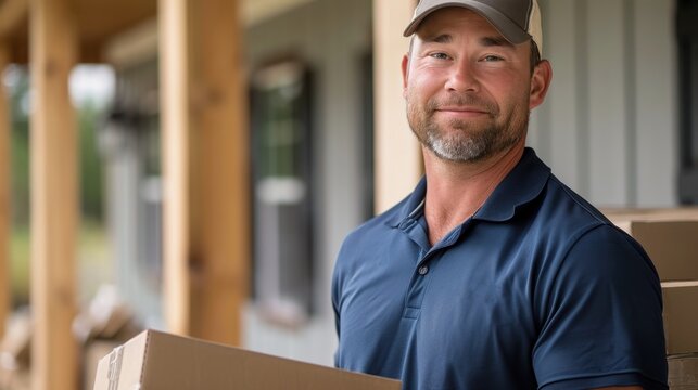 Delivery Driver: He efficiently carries several cardboard boxes from his truck to the front porch, completing deliveries with speed and precision in a busy day.
