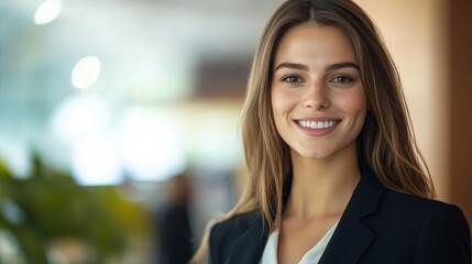 Fototapeta premium A young businesswoman in a professional setting, exuding confidence and success with a warm smile. She represents professionalism, ambition, and positive energy.