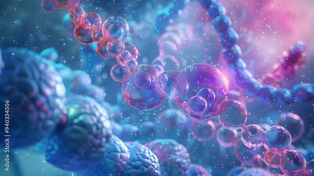 Wall mural abstract molecular structure formed by interconnected transparent bubbles with vibrant colors and a 