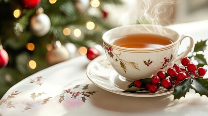 Fototapeta premium Charming Christmas Tea Setting: Delightful Porcelain Teacup & Festive Decor for a Cozy Poster or Home Art, Perfect for Holiday Dining and Seasonal Cheer