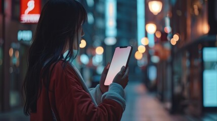 Young woman holding a smartphone with blank screen, planning travel itinerary while relaxing in a city café, modern lifestyle and travel concept, typing messages, booking trip online, tourist enjoying