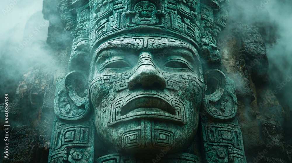 Wall mural  a stone carving of a Mayan face, exhibiting a stern expression, set against a backdrop of a tropical jungle.