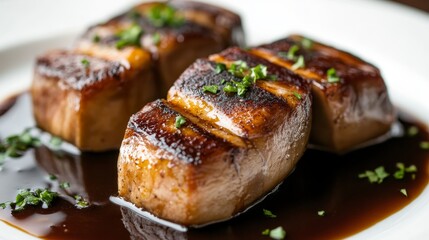 Pan-seared foie gras, a rich and decadent delicacy, is perfectly seared and glazed with a savory sauce. The glistening surface, the delicate sear marks, and the succulent texture speak to the high qua
