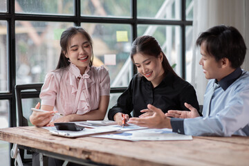 Financial Business team present. Business man hands hold documents with financial statistic stock photo, discussion, and analysis report data the charts and graphs. Finance Financial concept
