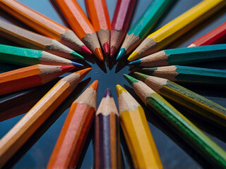 Colored Pencils on Glass: A collection of colored pencils lying on a clear glass surface, reflecting light and creating an abstract, vibrant pattern.