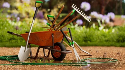 Multiple Garden Tools Gathered Around A Wheelbarrow In A Beautiful Lush Garden Reflected In A Puddle Of Clean Water