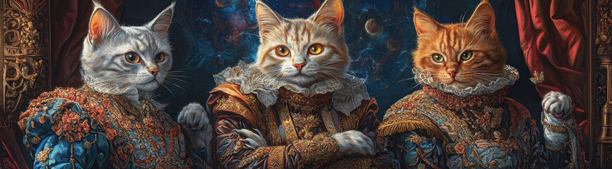 Fototapeta premium Three cats dressed in Renaissance attire, each with a unique personality and expression. The cats are posed against a whimsical backdrop of swirling stars and celestial bodies, symbolizing their royal