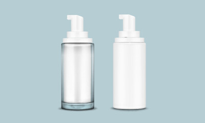 Mockup of white opaque plastic and transparent glass cosmetic bottle with pump cap. Realistic 3d vector illustration set of liquid body and face care gel or lotion container or jar with dispenser.