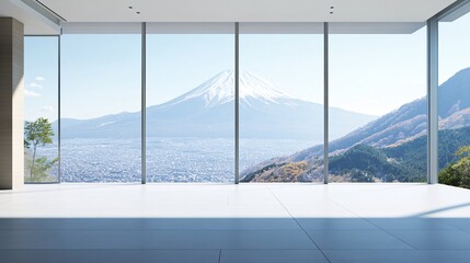 Spacious modern interior with expansive windows showcasing the scenic view of a mountain landscape.