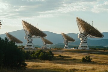 Large satellite dishes in a serene landscape, capturing signals from the sky, showcasing technology and nature in harmony.