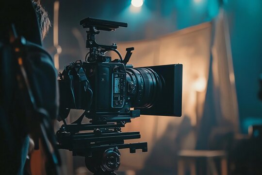 Close-up of a professional camera setup in a studio, capturing the essence of filmmaking in a dramatic lighting environment.