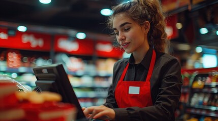 Obraz premium Polite Cashier: The cashier, in a store uniform, rings up groceries swiftly at the register, her polite interaction with customers adding a friendly touch to the service. 