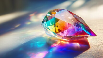 A vibrant rainbow crystal on a white surface reflects dazzling colors, evoking tranquility and admiration.