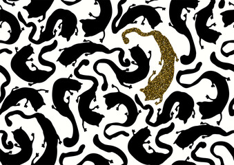 Halfdrop repeat seamless pattern with playful black cats silhouette shapes. black, white, golden glitter colors, isolated background