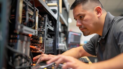 Tech Specialist: The IT technician, seated at his desk, meticulously replaces computer components, his tools arranged neatly, ensuring efficient and accurate repairs.
