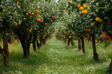 Fototapeta premium Rows of Fruit Trees with Ripe Red and Yellow Fruit