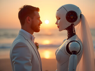 A man and a humanoid robot face each other on a beach at sunset, dressed in wedding attire, symbolizing the fusion of technology and love in a futuristic wedding