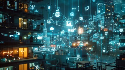 Cutting-edge internet of things (iot) disruptive technologies concept with connected devices, smart home gadgets, and data analytics visualization in modern digital network environment