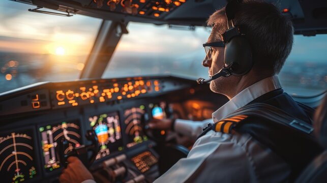 Professional Pilot: In his uniform, the airline pilot sits confidently in the cockpit, hands on the throttle, carefully checking instruments before takeoff.
