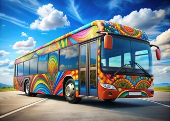 A vibrant, stylized illustration of a modern city bus adorned with colorful graphics and patterns, set against a bright blue sky with fluffy white clouds.