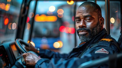 Fototapeta premium City Commute: The bus driver, behind the wheel and focused on the road, warmly greets passengers boarding the bus, managing the city traffic with precision. 