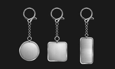 Silver keychain with ring mockup for branding. Realistic vector illustration set of blank grey metal key holder template. Chrome trinket souvenir badge of round rectangle and square shape.