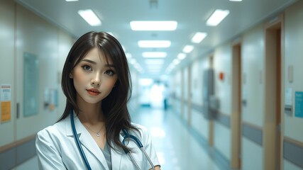 3D realistic Female Doctor with Blurry Hospital Background