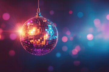 disco ball with mirror surface and bright rays, hanging on ceiling, night party background , ai