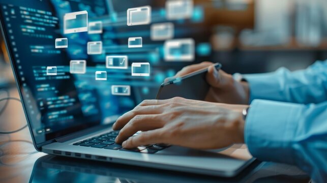 It consultant configuring virtual document management system on laptop in modern office environment, remote work setup, and cloud-based software for archiving and managing corporate files with secure 