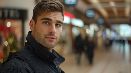 Obraz premium Guard on Duty: The security guard, clad in black, patrols the mall, his vigilant eyes searching for trouble, projecting a calm and commanding presence. 