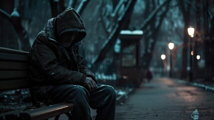 A heart-wrenching shot of the man curled up on a bench in a shadowy park, his worn-out clothes and gaunt frame highlighting his dire situation.